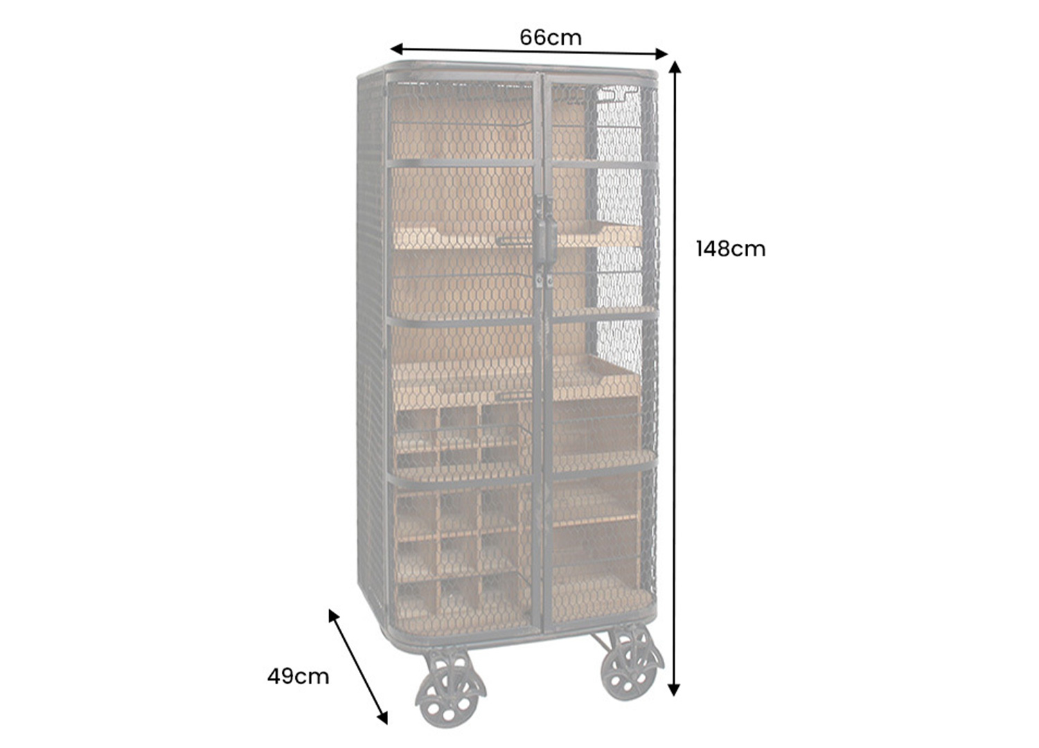 Dimensions du meuble bar VINTOR 150 cm en pin et métal largeur 66 cm hauteur 148 cm profondeur 49 cm