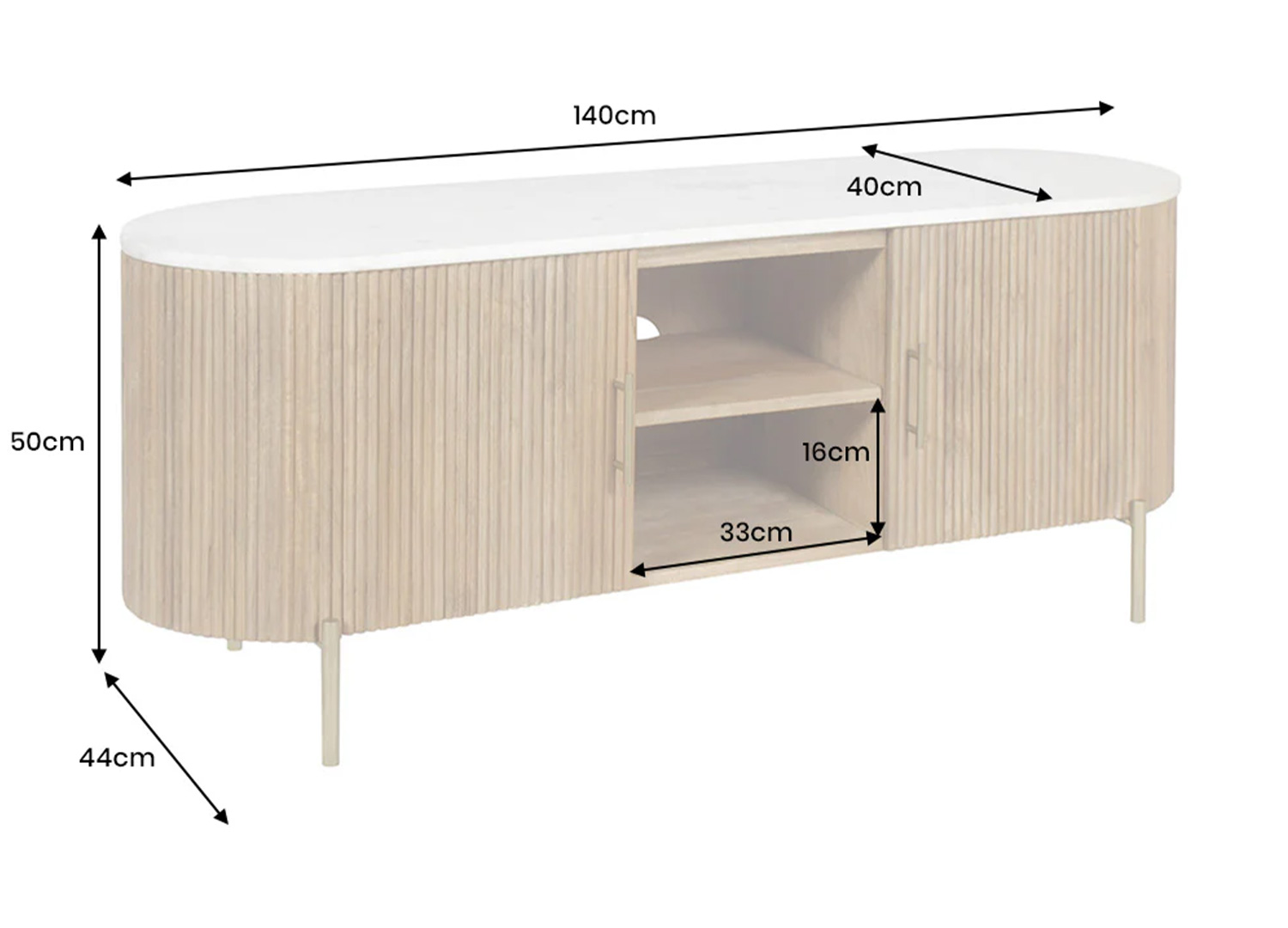 Dimensions du meuble TV MARELLO 140 cm largeur 140 cm hauteur 50 cm profondeur 44 cm