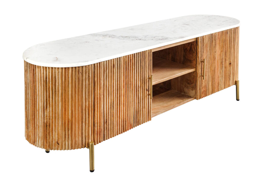 Meuble TV MARELLO 140 cm en bois de manguier avec plateau en marbre blanc vue de dessus