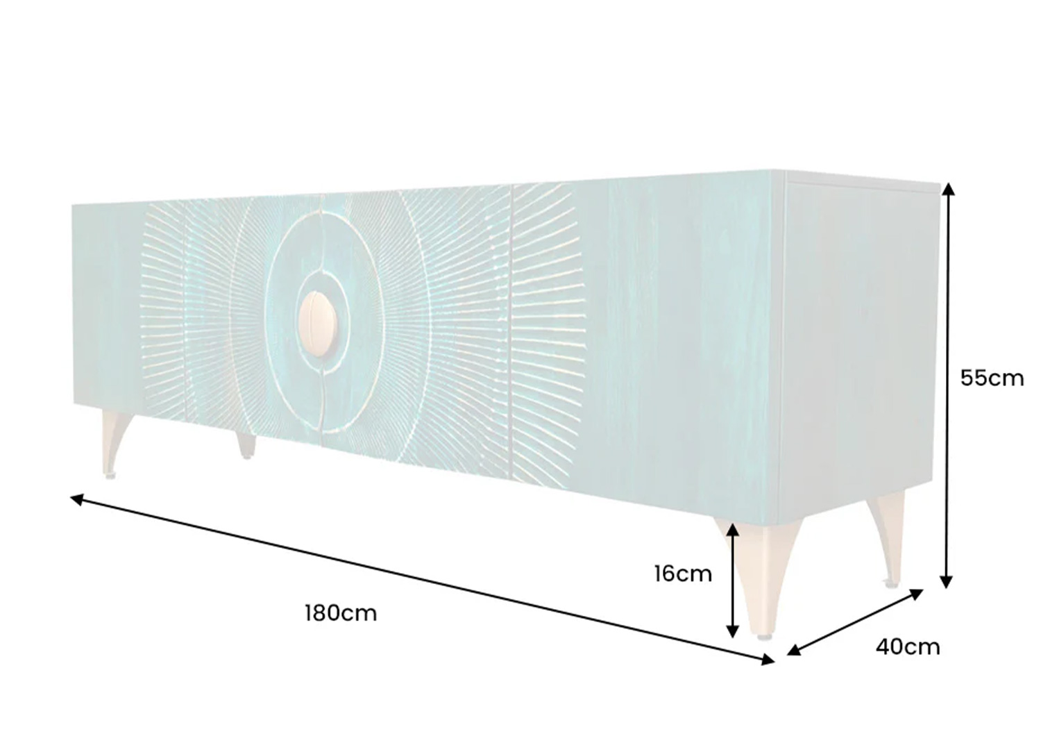 Dimensions du meuble TV SOLEIL turquoise 180 x 55 x 40 cm avec pieds de 16 cm