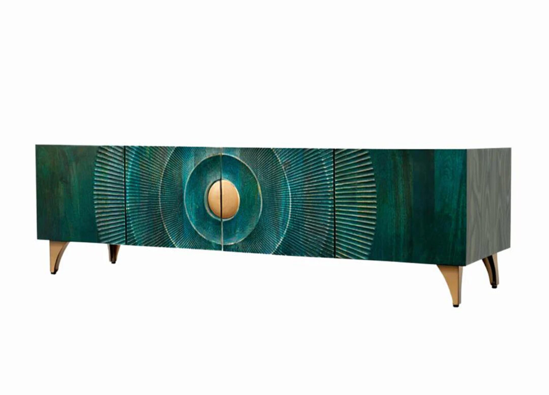 Meuble TV SOLEIL turquoise 180 cm détouré sur fond blanc avec façade sculptée 3D et pieds dorés