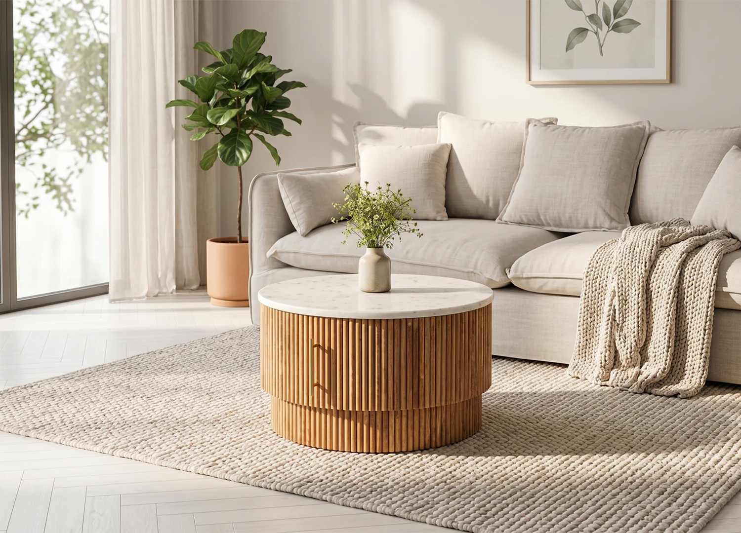Table basse MARELLO ronde en manguier naturel et marbre blanc dans un salon moderne clair