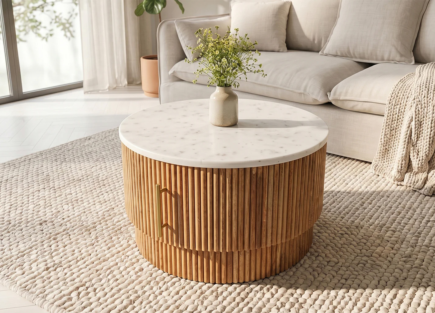 Table basse ronde MARELLO en manguier et marbre blanc vue de dessus