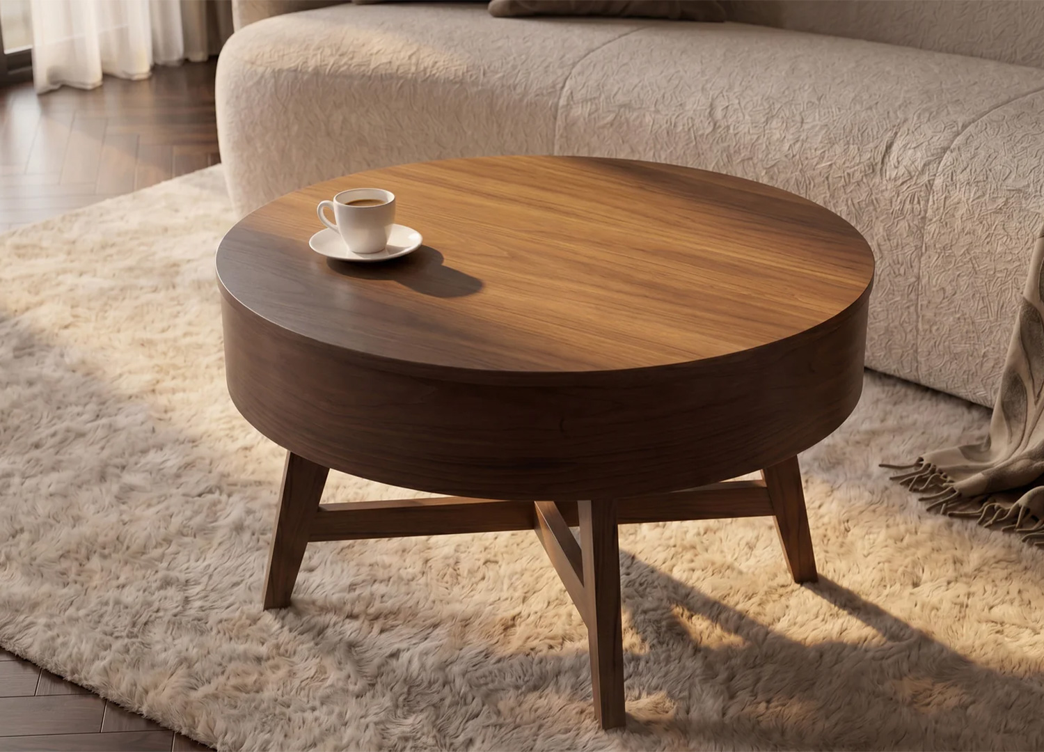 Table basse ronde NARA finition noyer dans un salon moderne avec canapé clair