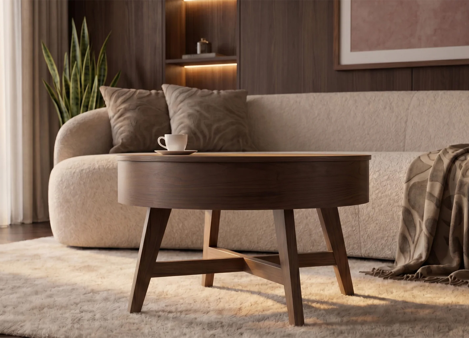 Table basse ronde NARA avec rangement dans un salon chaleureux et moderne