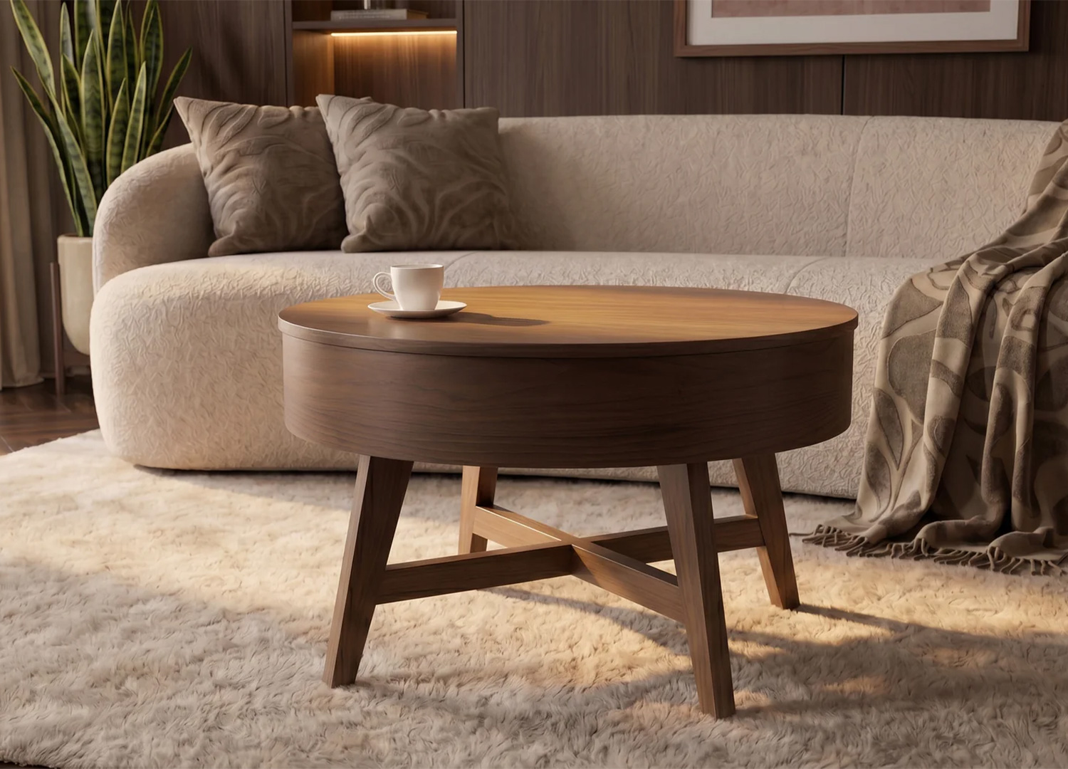 Table basse NARA en manguier finition noyer avec pieds évasés