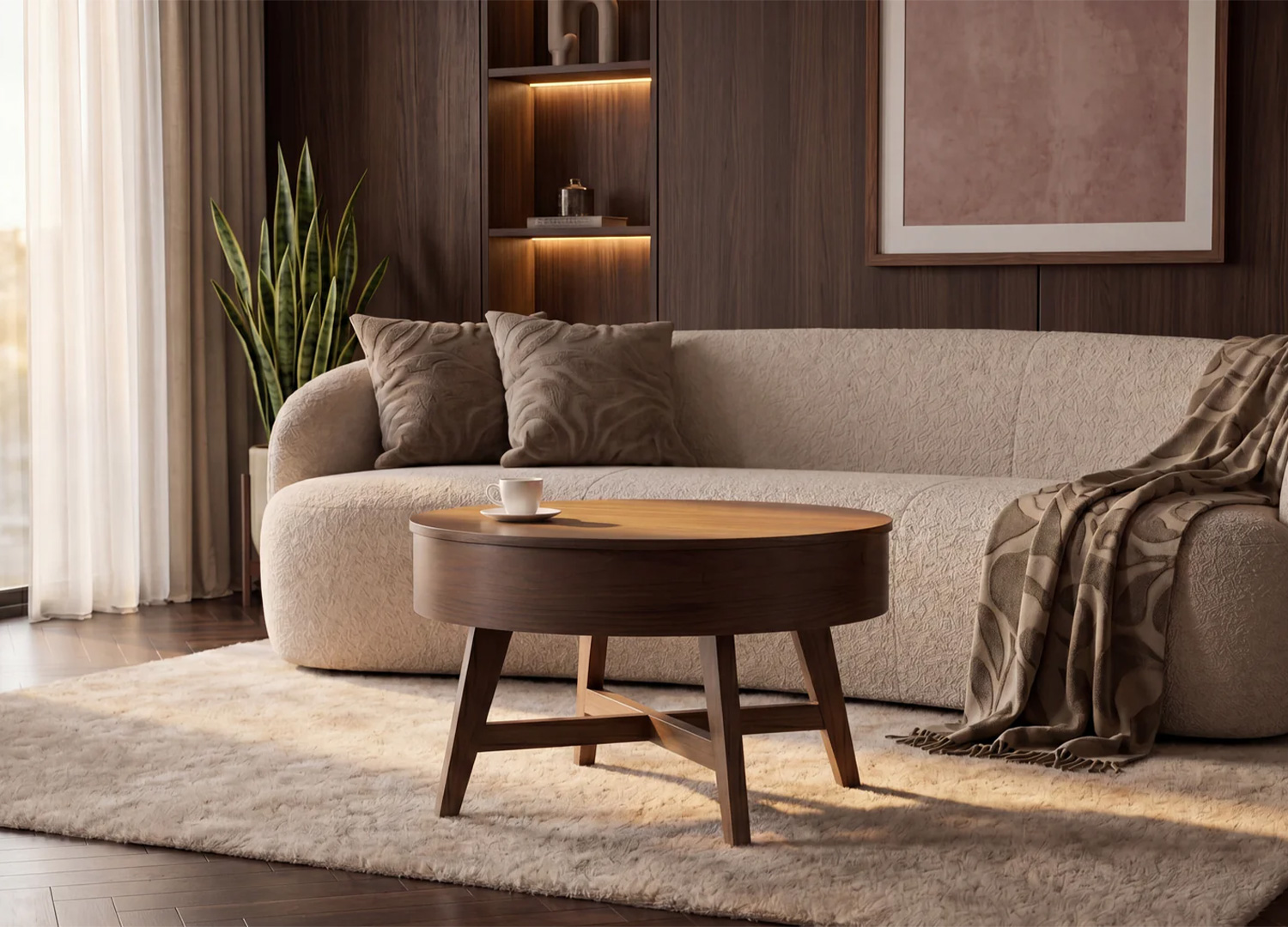 Table basse NARA en bois de manguier finition noyer devant un canapé cosy