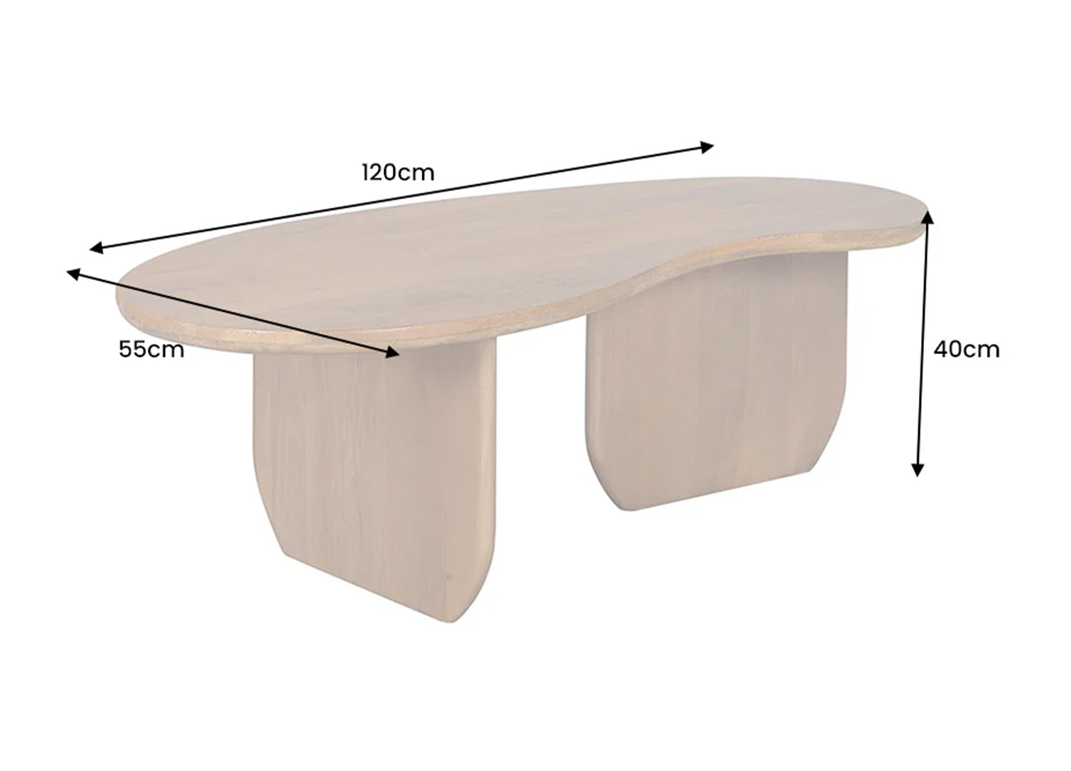Dimensions de la table basse ORGANIC 120 cm en bois de manguier largeur 120 cm hauteur 40 cm profondeur 55 cm