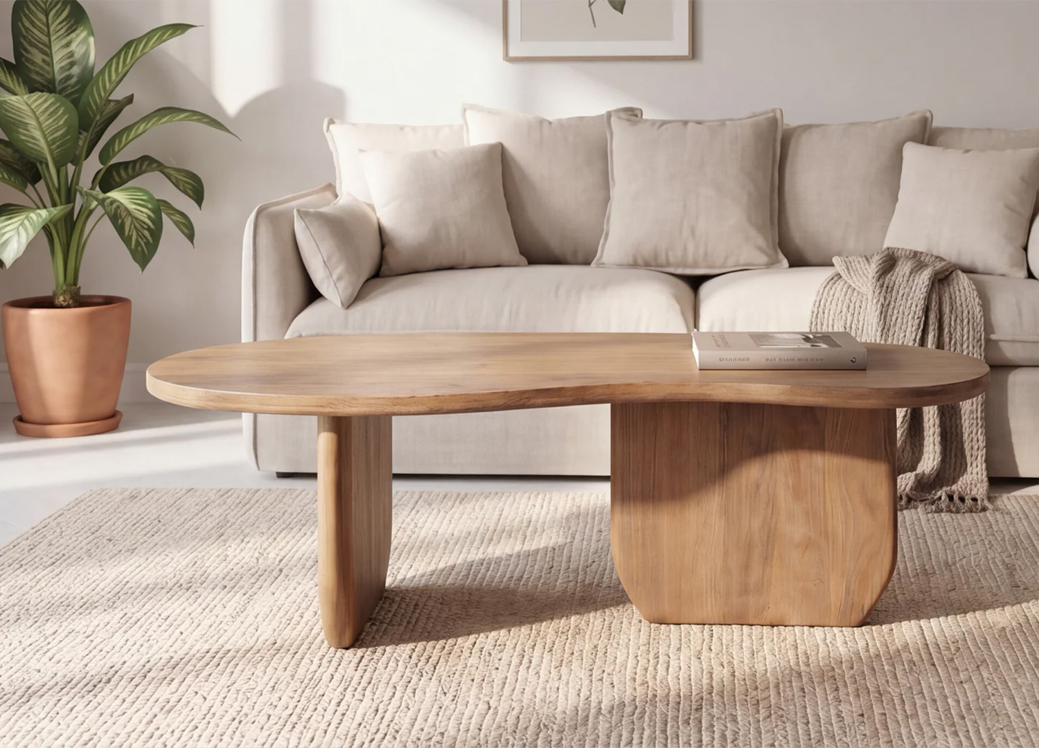 Table basse ORGANIC 120 cm en manguier miel dans un salon scandinave avec canapé beige