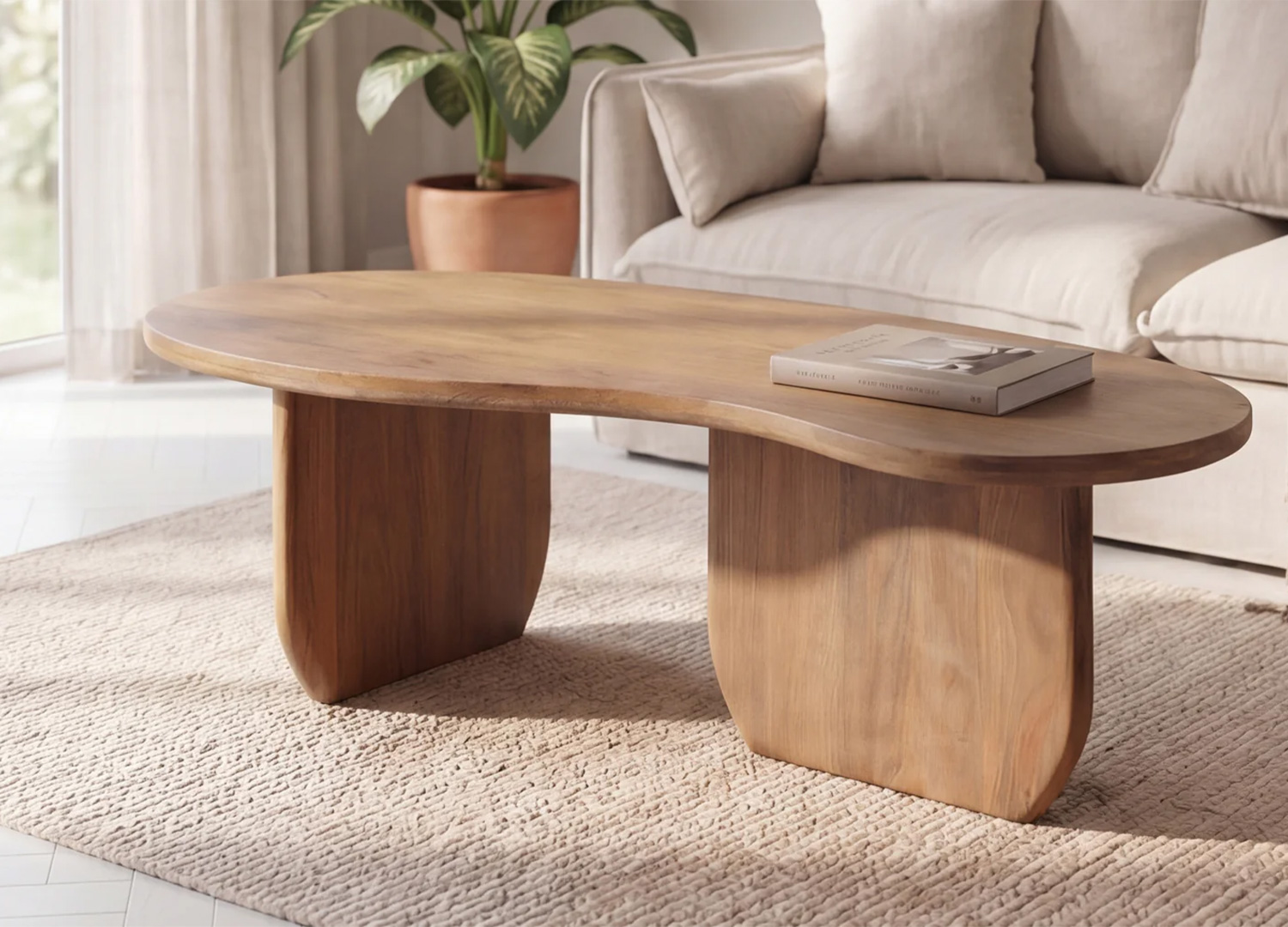 Table basse ORGANIC forme organique en manguier massif dans un salon moderne