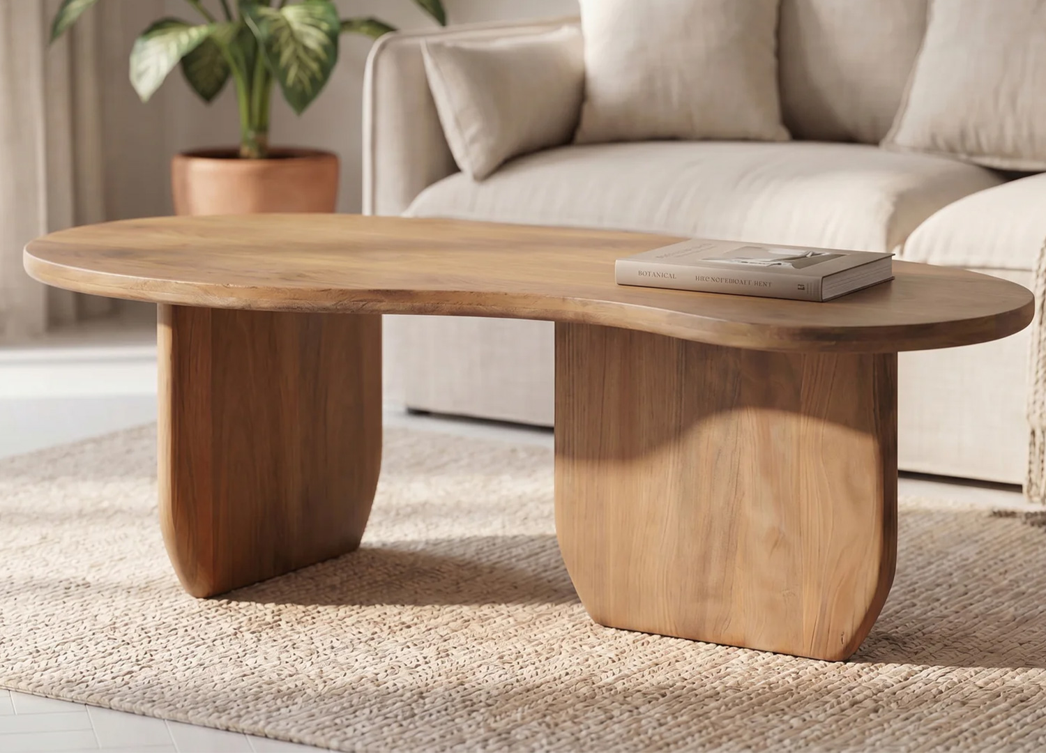 Table basse ORGANIC 120 cm en manguier miel dans un salon style Japandi