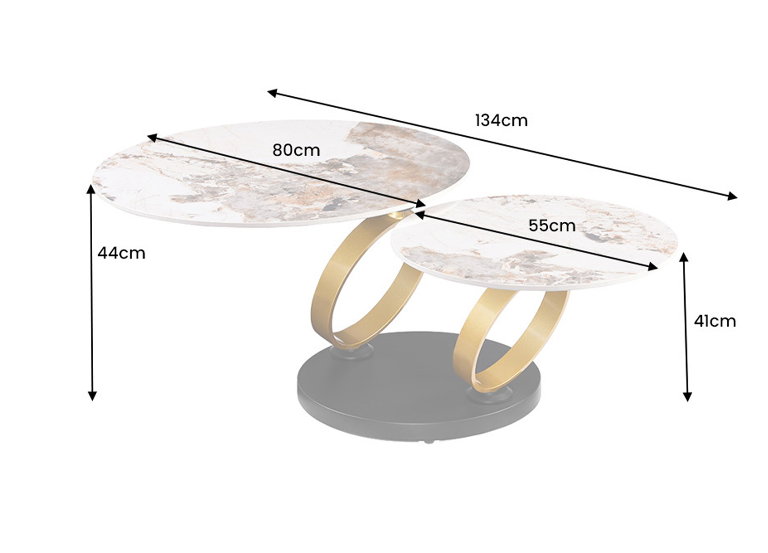 Dimensions de la table basse DANCING RINGS ronde rotative en céramique Pandora largeur 80 à 135 cm