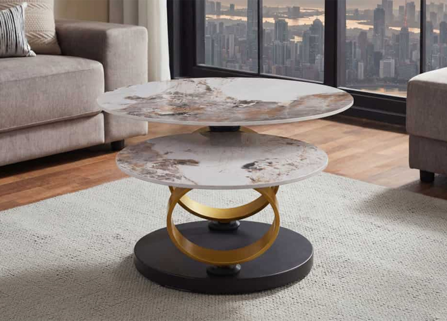 Table basse TIZIO ronde rotative en céramique Pandora dans un salon design