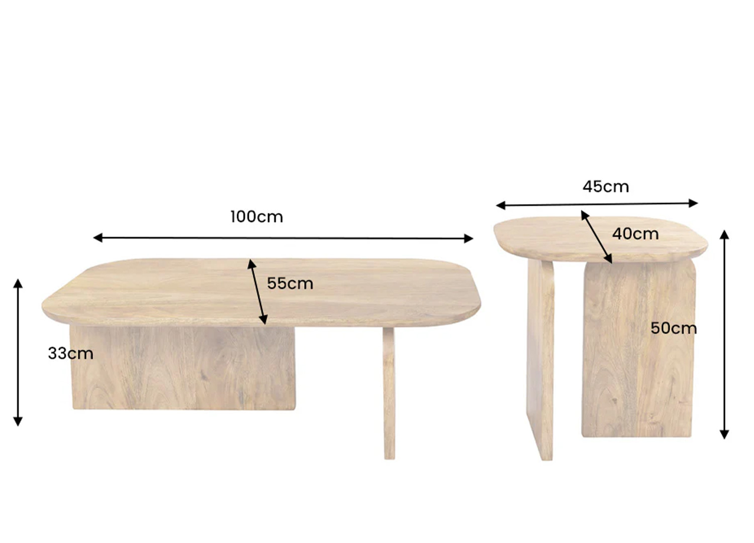 Dimensions de l’ensemble de 2 tables basses GATSBY en bois de manguier brun 100 cm et 45 cm