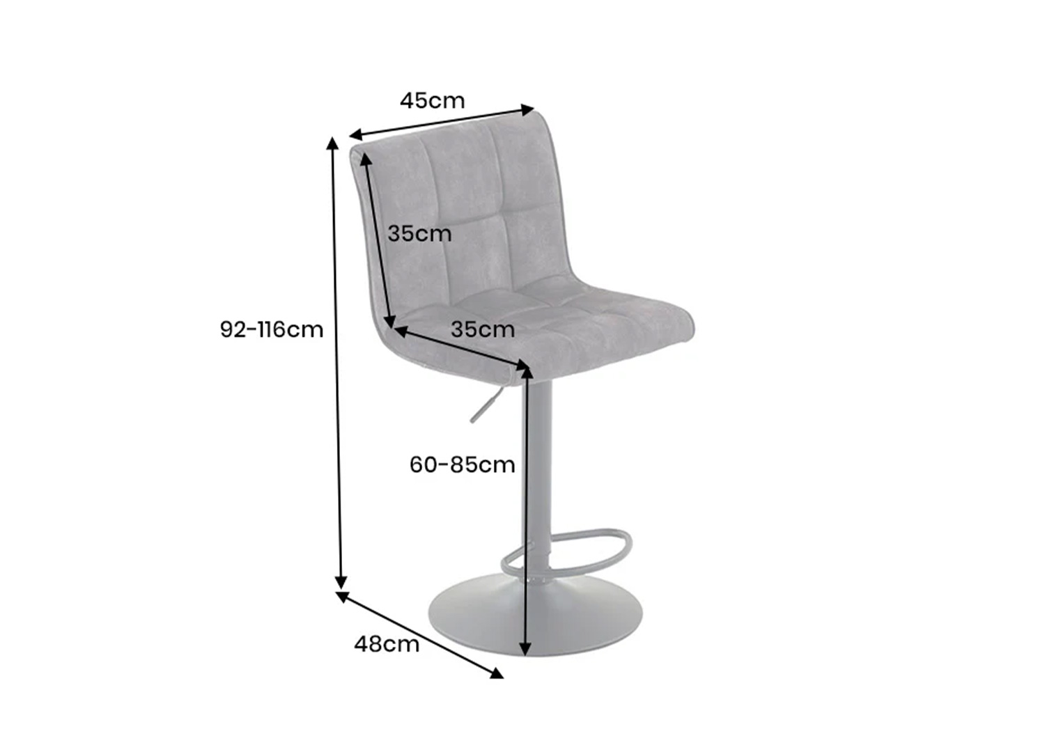Dimensions du tabouret de bar LORENZO anthracite hauteur réglable 92 à 116 cm largeur 45 cm profondeur 48 cm