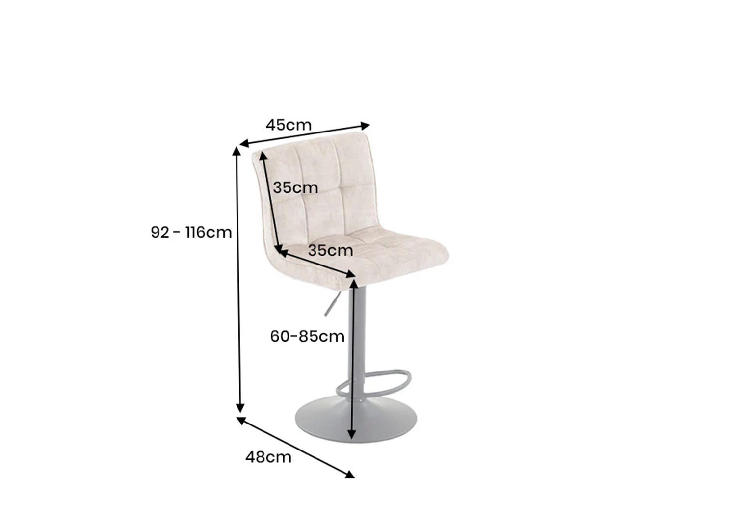 Dimensions du tabouret de bar LORENZO champagne beige hauteur réglable 92 à 116 cm largeur 45 cm profondeur 48 cm