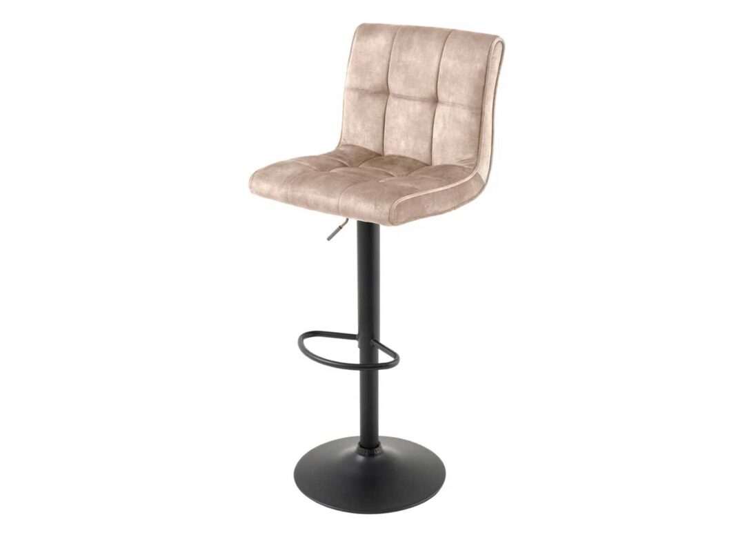 Tabouret de bar LORENZO champagne beige vu de face avec assise et dossier capitonnés