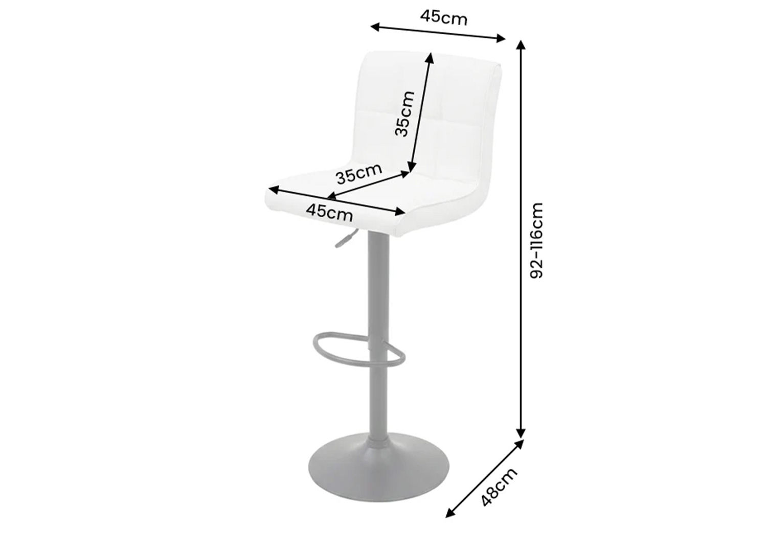 Dimensions du tabouret de bar LORENZO blanc hauteur réglable 92 à 116 cm largeur 45 cm profondeur 48 cm