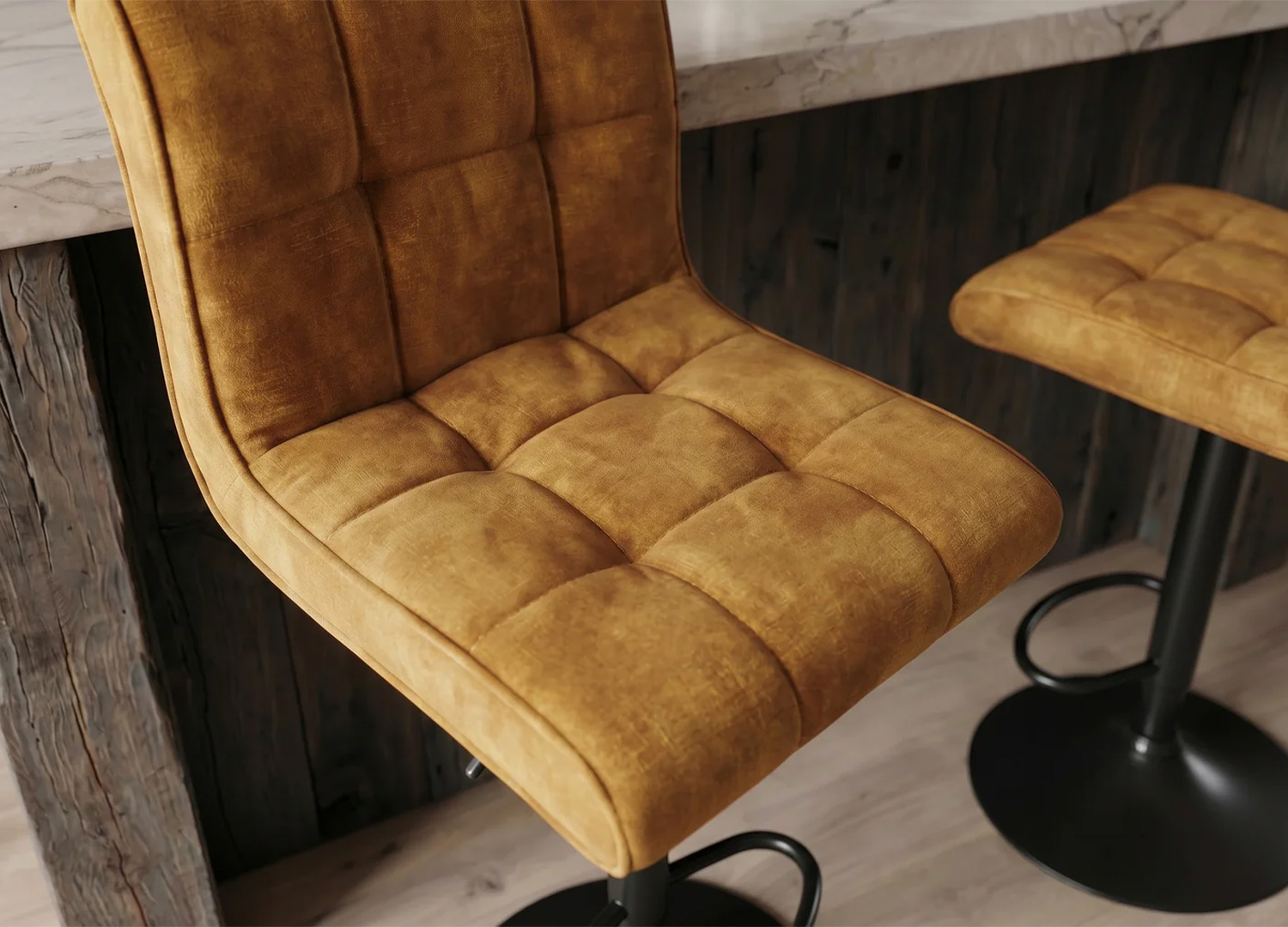 Assise et dossier capitonnés du tabouret de bar LORENZO moutarde en velours