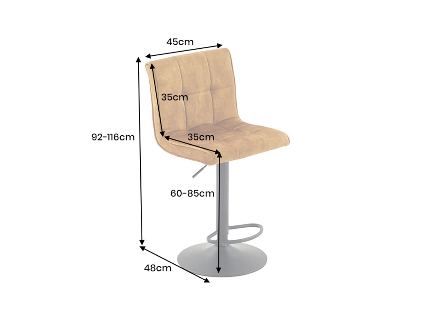 Dimensions du tabouret de bar LORENZO champagne beige hauteur réglable 92 à 116 cm largeur 45 cm profondeur 48 cm