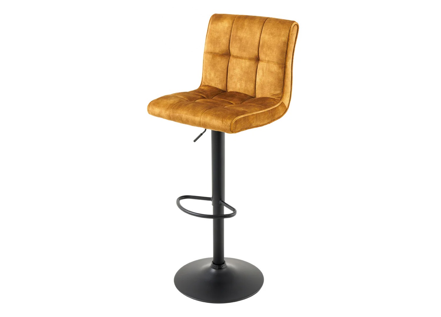 Tabouret de bar LORENZO moutarde en velours avec pied métal noir sur fond blanc