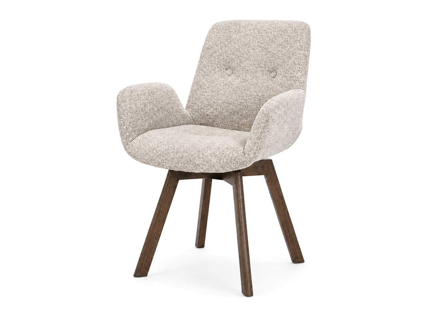 Lot de 2 chaises pivotantes LIORA en bouclé taupe avec accoudoirs et pieds bois finition noyer