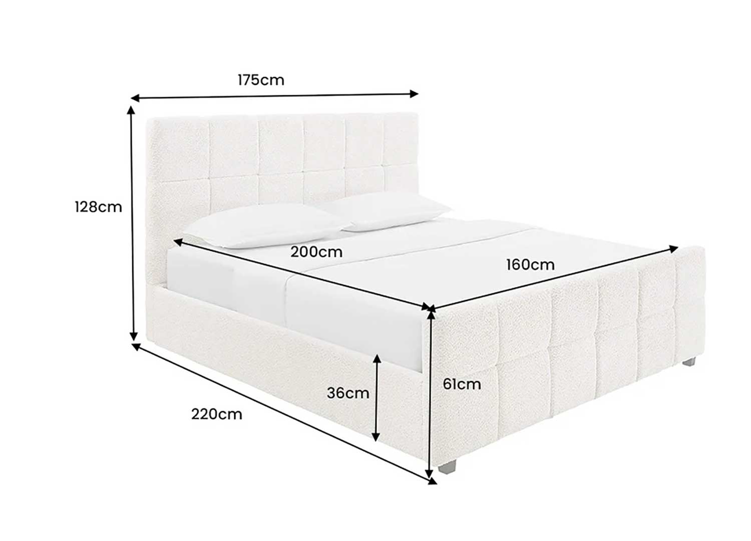 Dimensions du lit coffre MÉRÉA 160 x 200 cm : largeur 175 cm, hauteur 128 cm et profondeur 220 cm