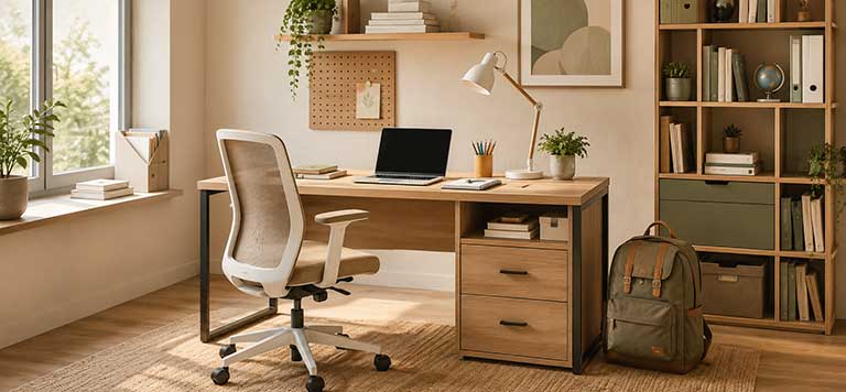 Bureau en bois aménagé pour la rentrée avec ordinateur et rangements