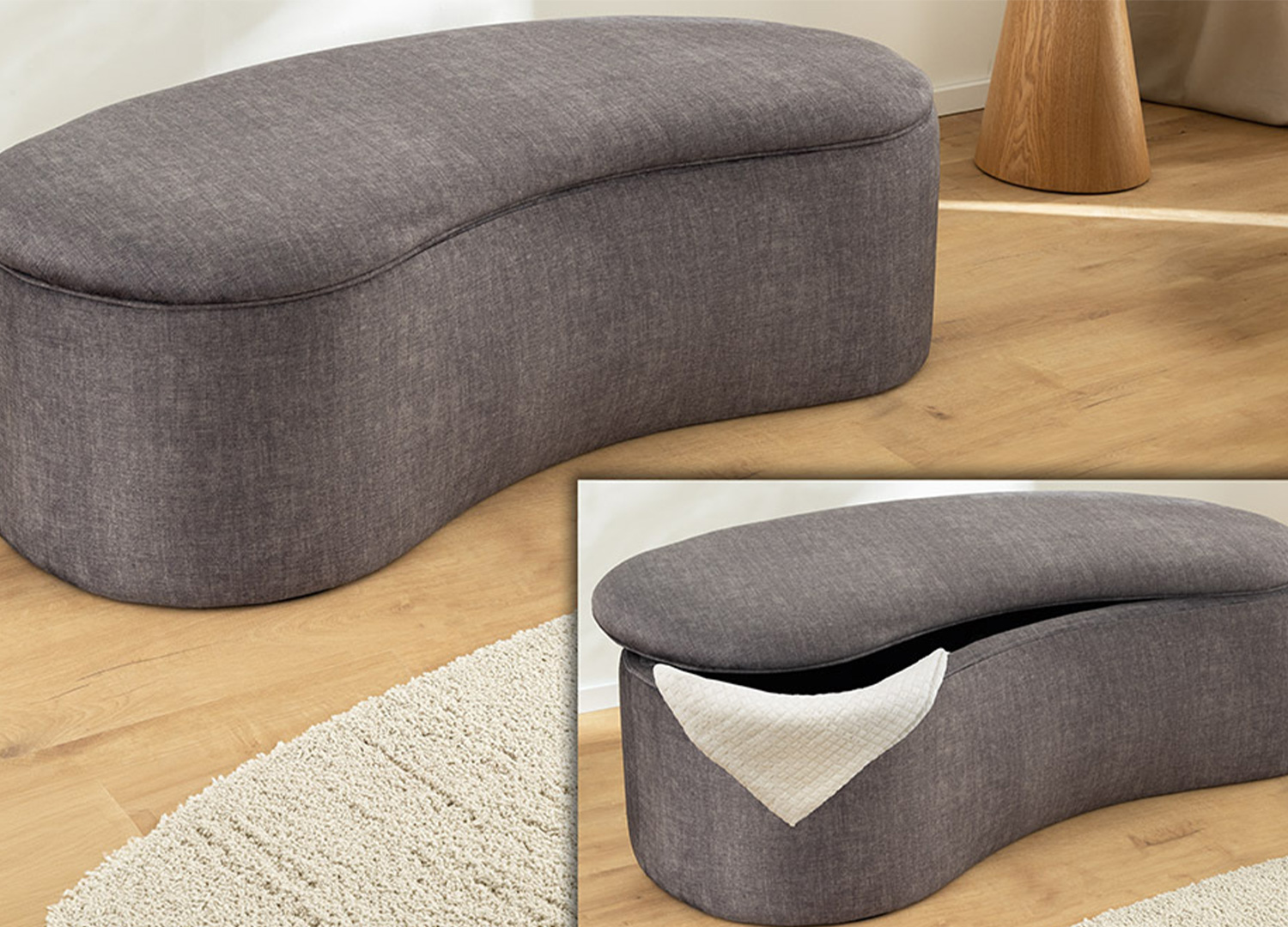 Banquette coffre SOLANE 120 cm gris graphite fermée avec aperçu du rangement ouvert