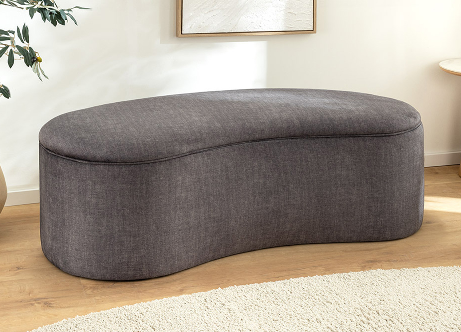 Banquette coffre SOLANE 120 cm en velours gris graphite sur fond blanc