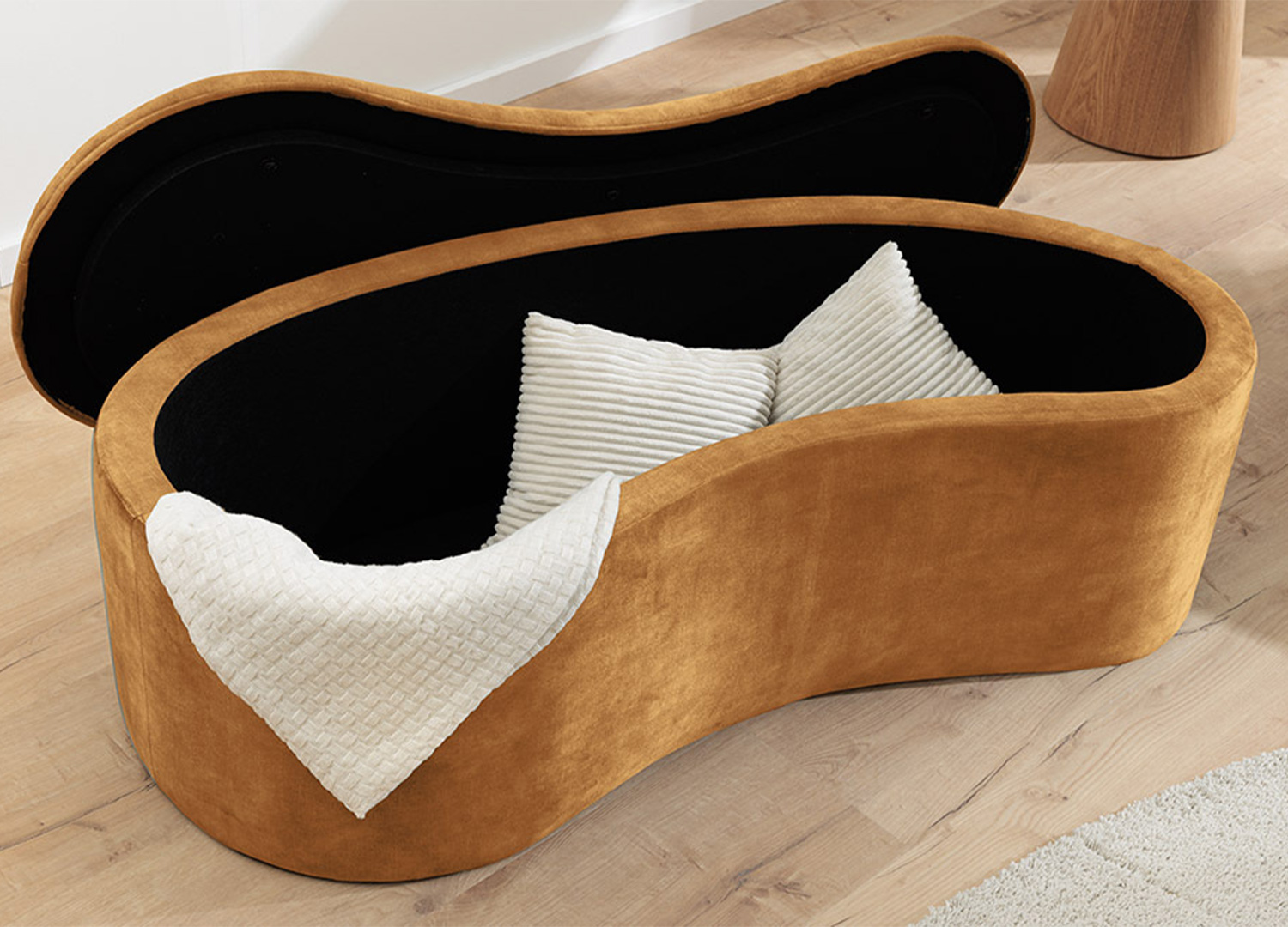 Banquette SOLANE ouverte avec coffre de rangement intérieur pour coussins et plaids