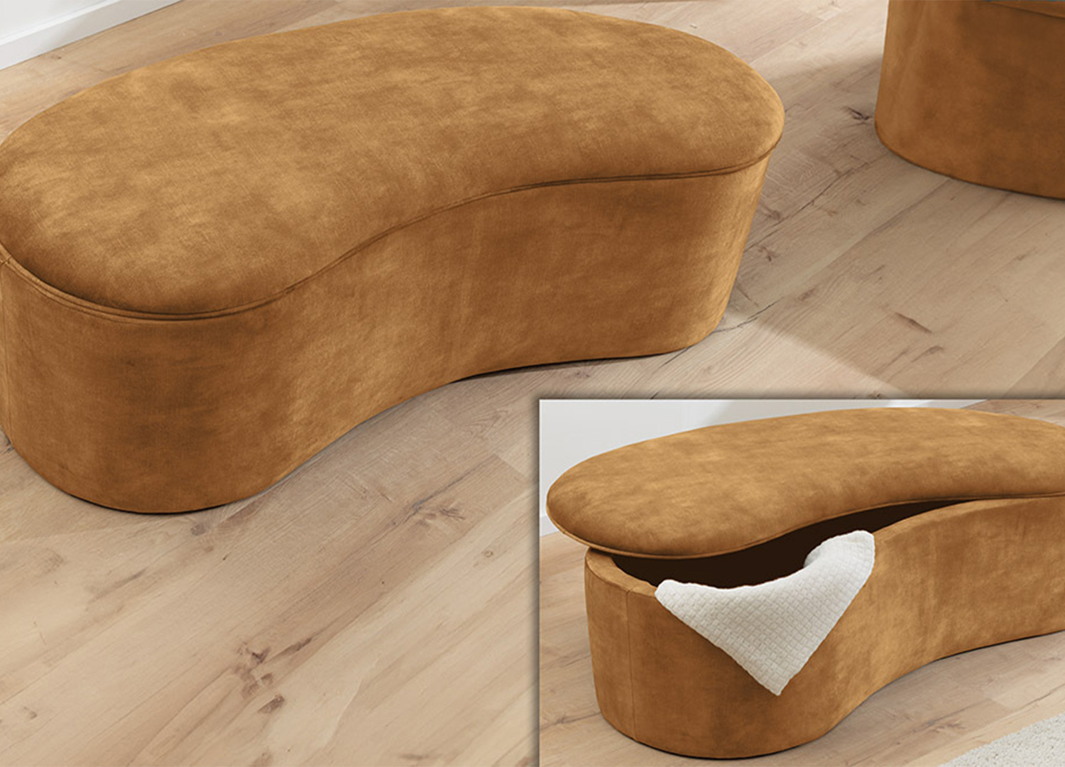 Banquette coffre SOLANE en velours moutarde avec vue fermée et aperçu du rangement ouvert
