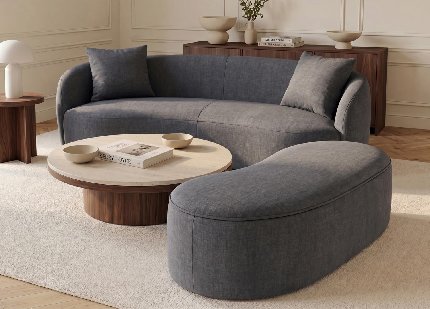 Banquette SOLANE gris graphite avec canapé assorti dans un salon contemporain
