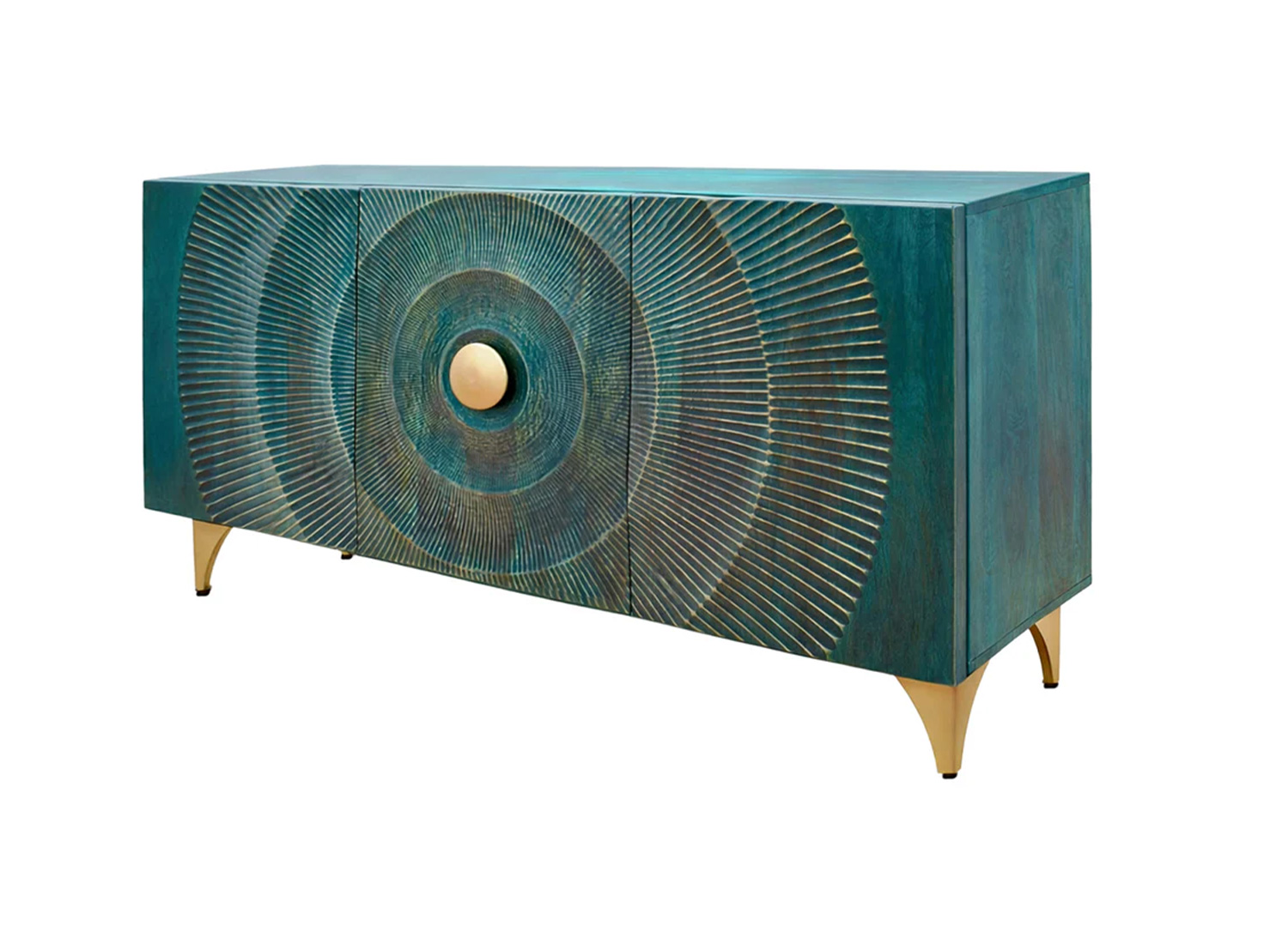 Buffet 3 portes SOLEIL en bois de manguier turquoise sculpté de 140 cm sur fond blanc