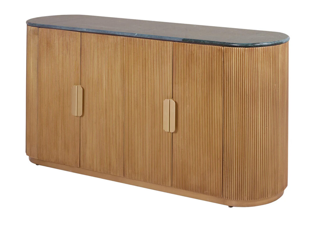 Buffet ORVÉLIA 170 cm en manguier finition laiton avec plateau en marbre vert sur fond blanc