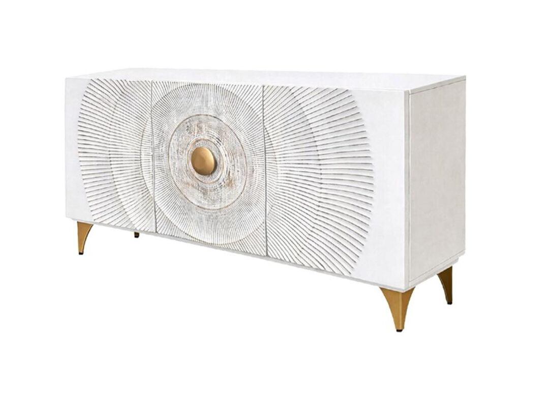 Buffet SOLEIL 140 cm blanc et doré en bois de manguier sur fond blanc