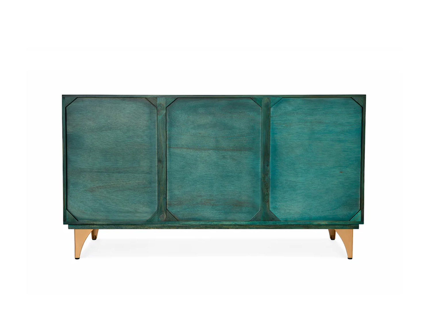 Vue arrière du buffet SOLEIL 140 cm en bois de manguier turquoise sur fond blanc