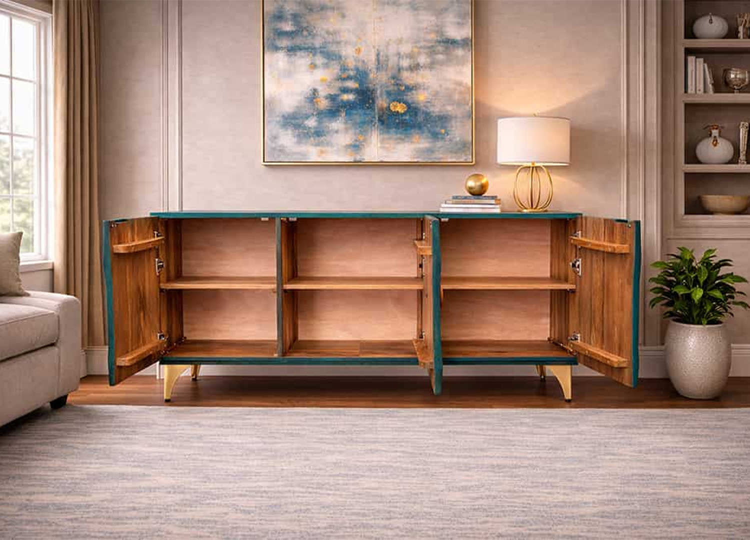 Buffet SOLEIL avec ses 3 portes ouvertes montrant les étagères de rangement intérieures