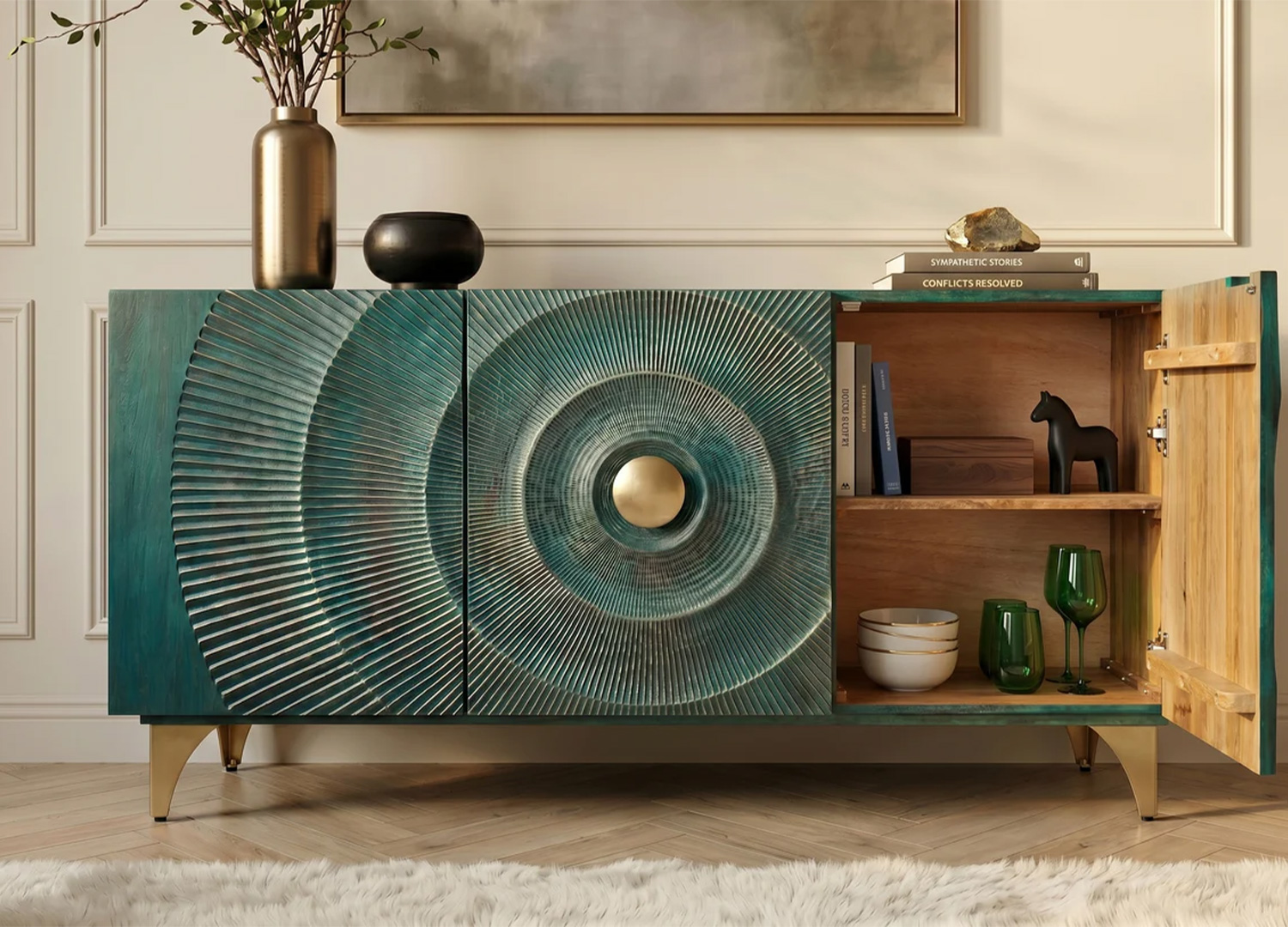 Buffet SOLEIL avec porte droite ouverte montrant le rangement intérieur et la vaisselle