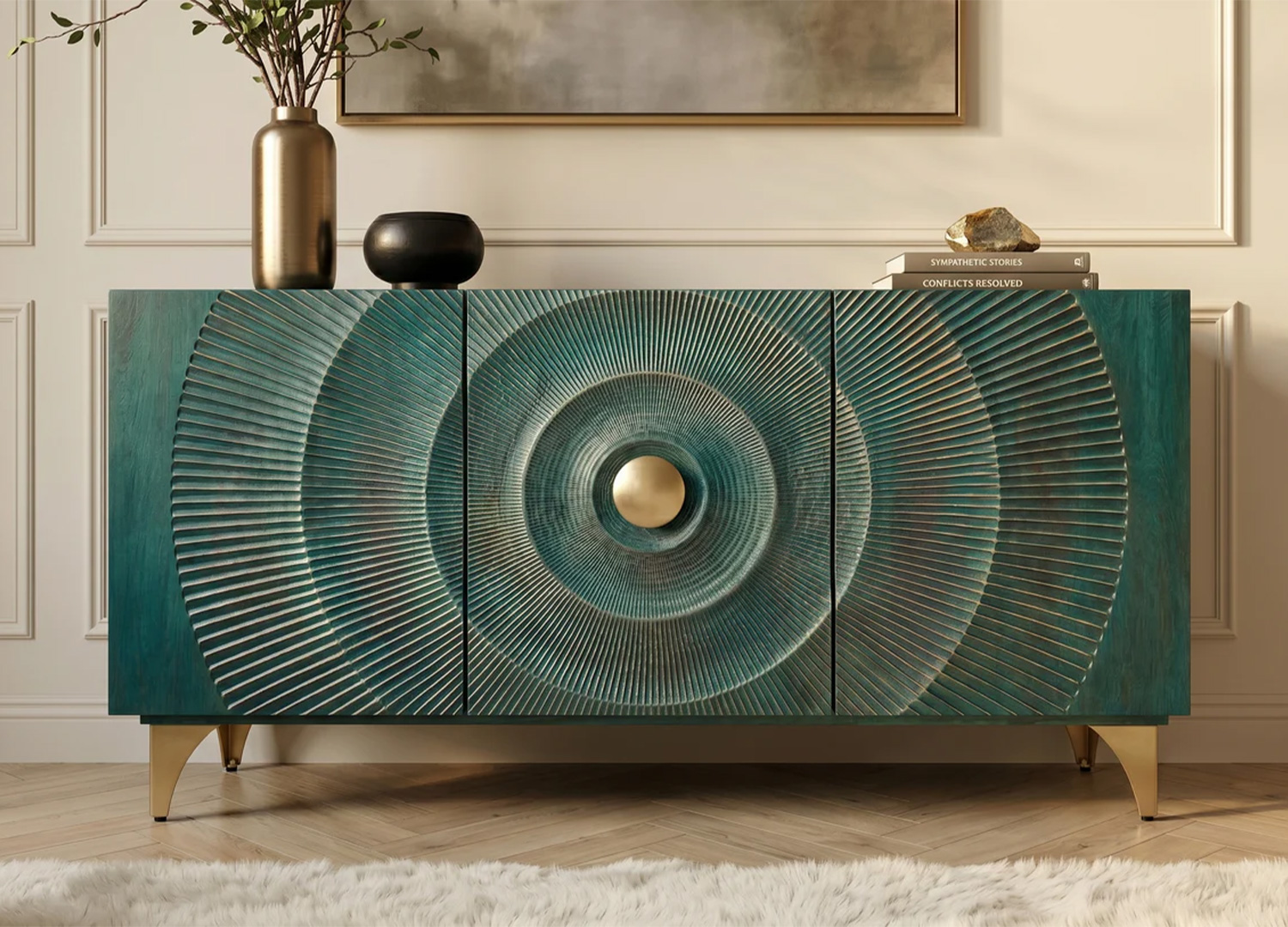 Vue de face du buffet SOLEIL turquoise avec motif solaire sculpté et bouton central doré