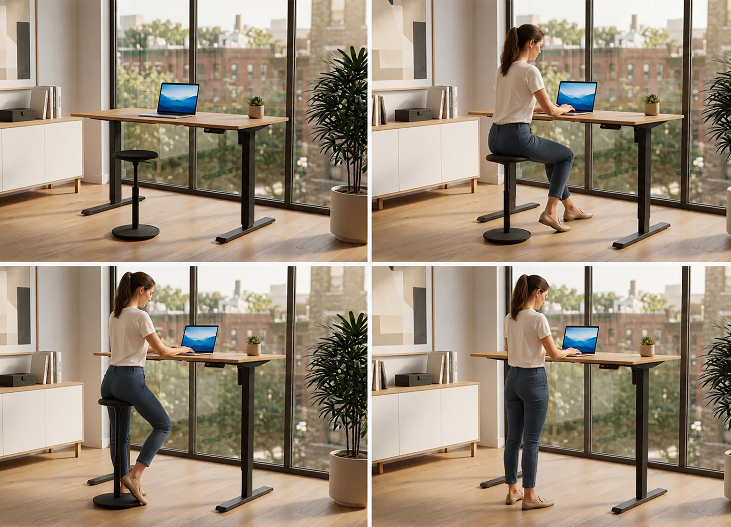 Bureau ALTO 120 cm assis-debout montrant différentes positions de travail assis et debout