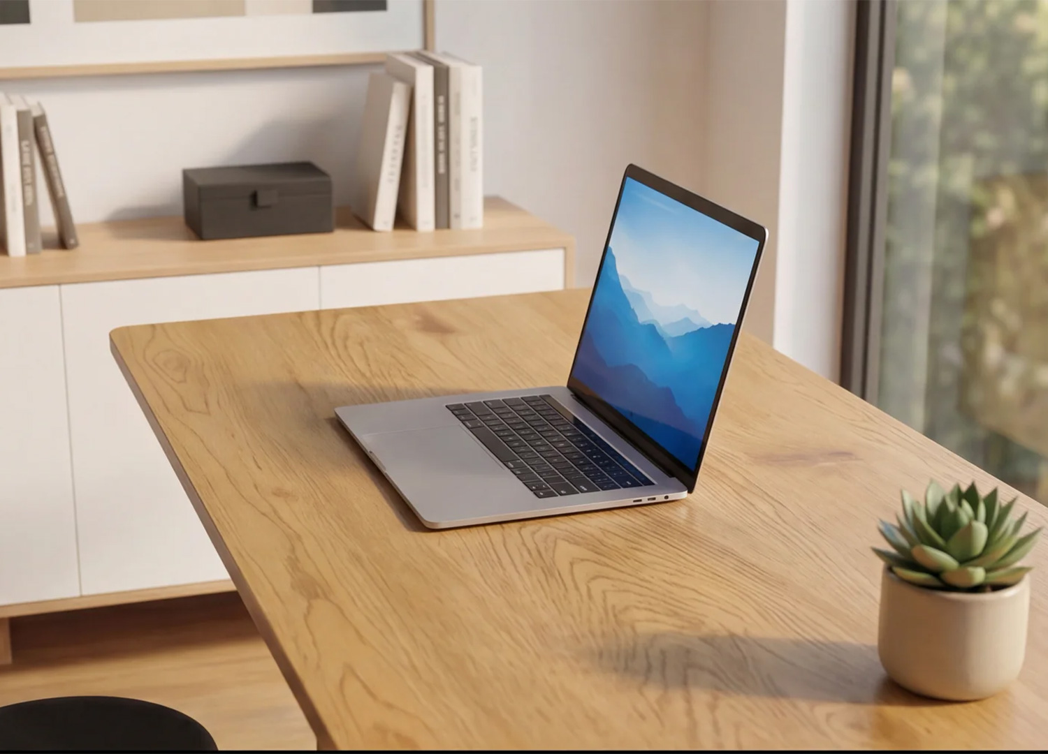 Gros plan sur le plateau finition chêne naturel du bureau ALTO 120 cm avec ordinateur portable et plante