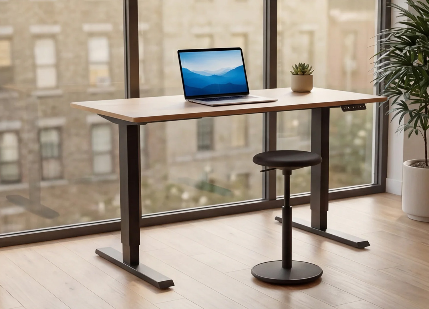 Vue de côté du bureau ALTO 140 cm réglable en hauteur avec plateau bois et piètement métal noir