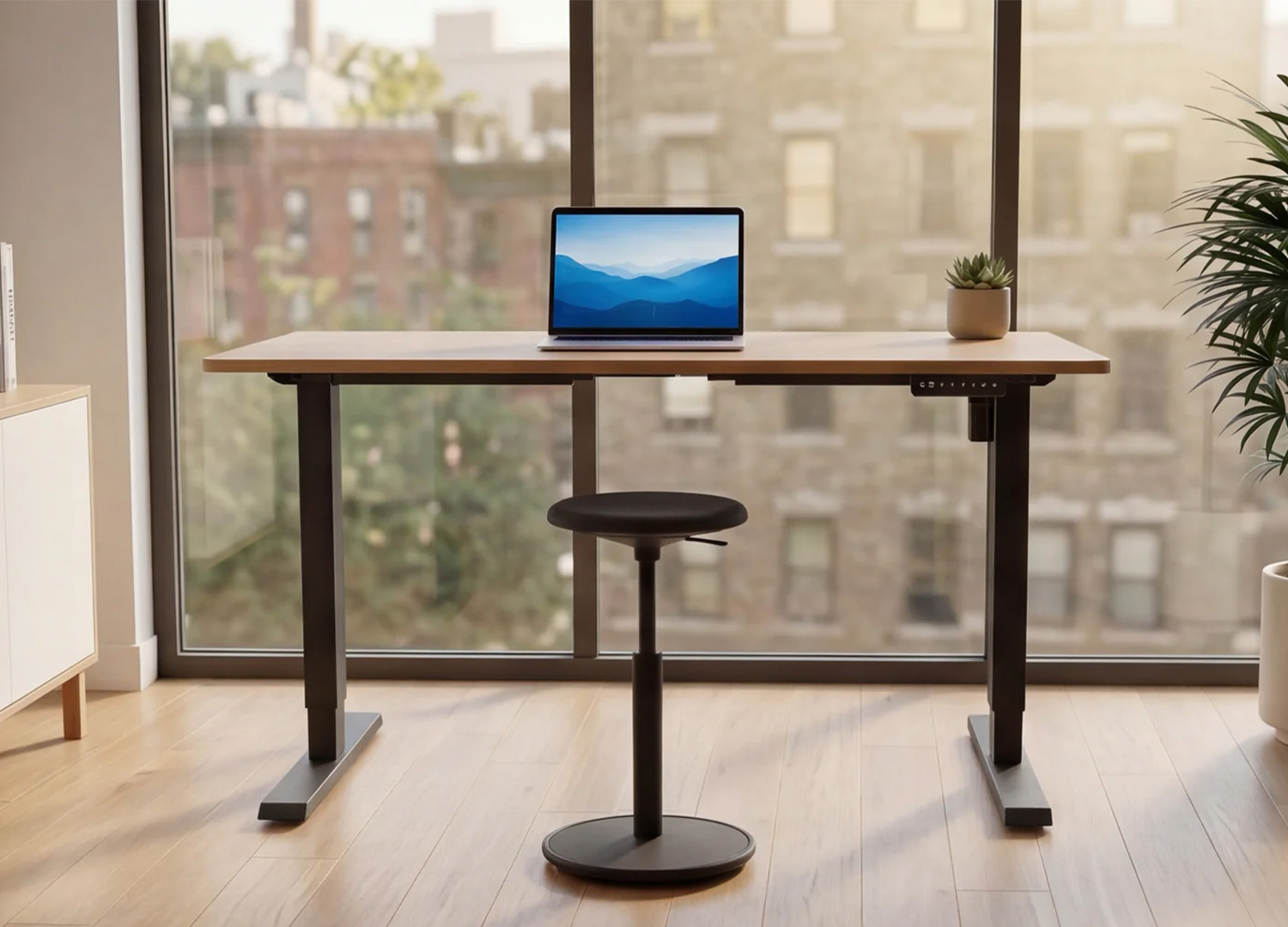Vue de face du bureau ALTO 140 cm assis-debout avec réglage électrique et design épuré