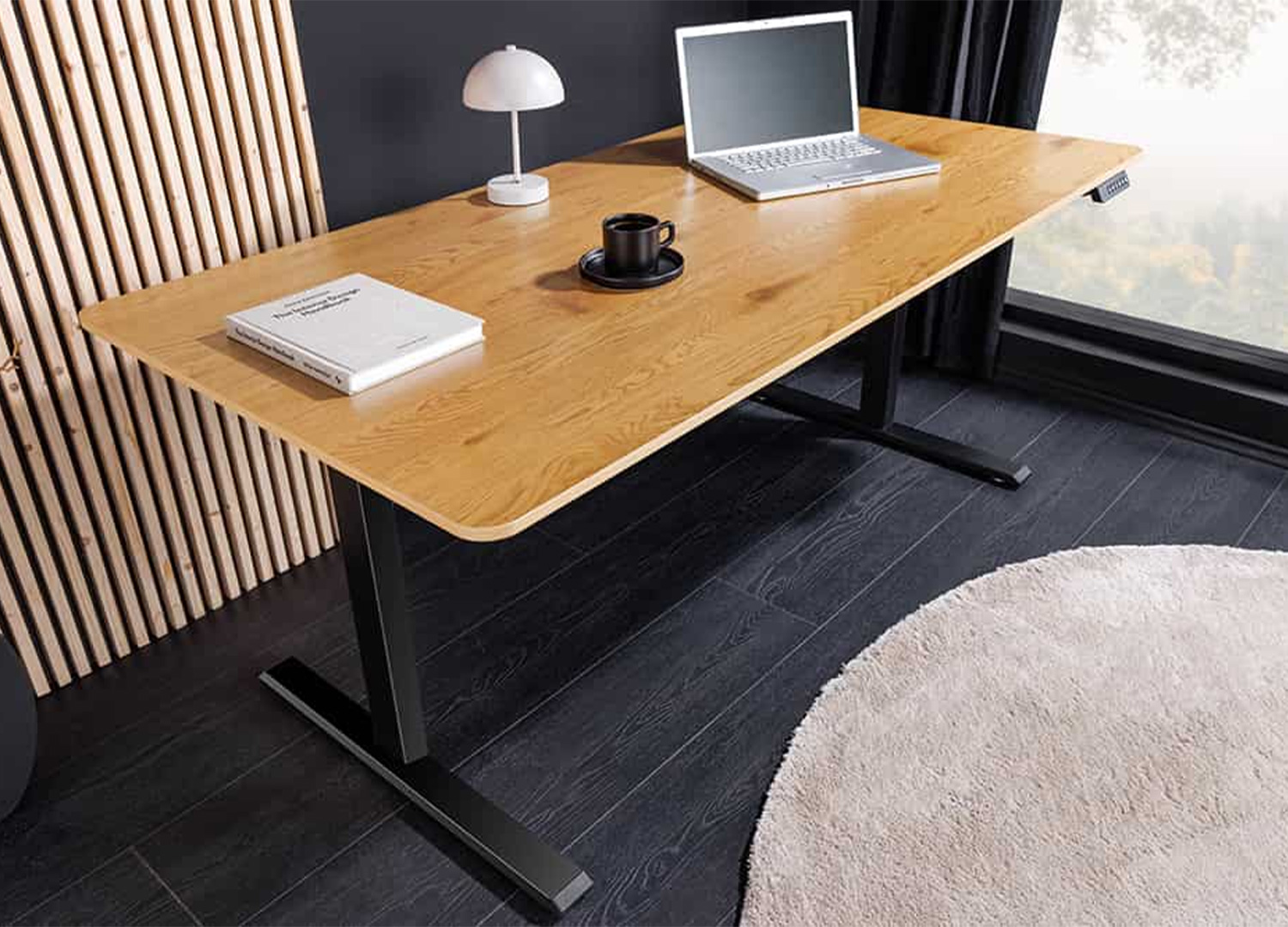 Bureau ALTO réglable en hauteur au design industriel avec plateau bois naturel et piètement noir