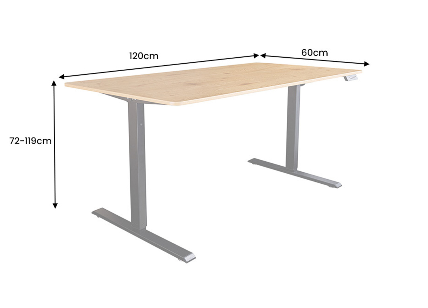 Dimensions du bureau ALTO 120 cm réglable en hauteur 120 x 60 cm et hauteur 72 à 119 cm