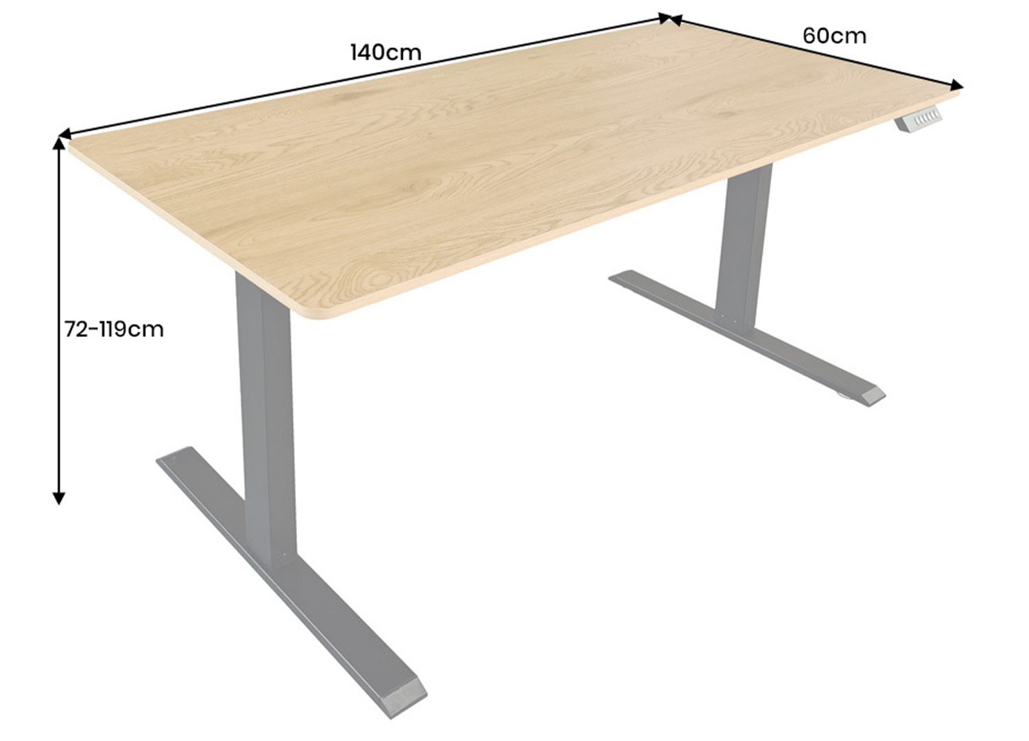 Dimensions du bureau ALTO 140 cm réglable en hauteur 140 x 60 cm et hauteur 72 à 119 cm