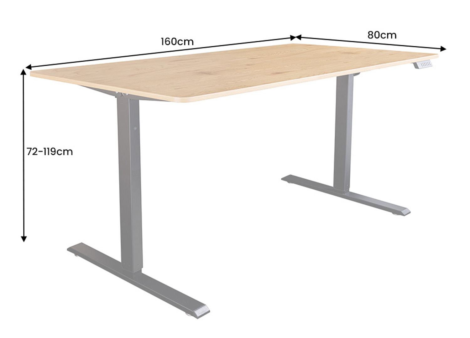 Dimensions du bureau ALTO réglable en hauteur 160 x 80 cm et hauteur 72 à 119 cm