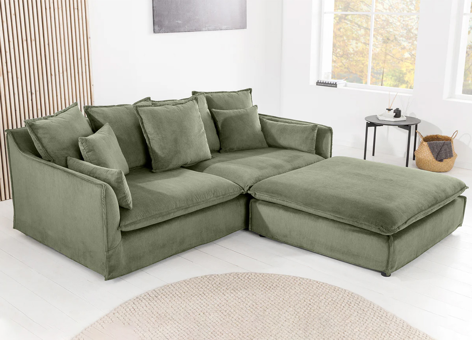 Canapé 3 places MILO en velours côtelé vert avec pouf assorti vendu séparément