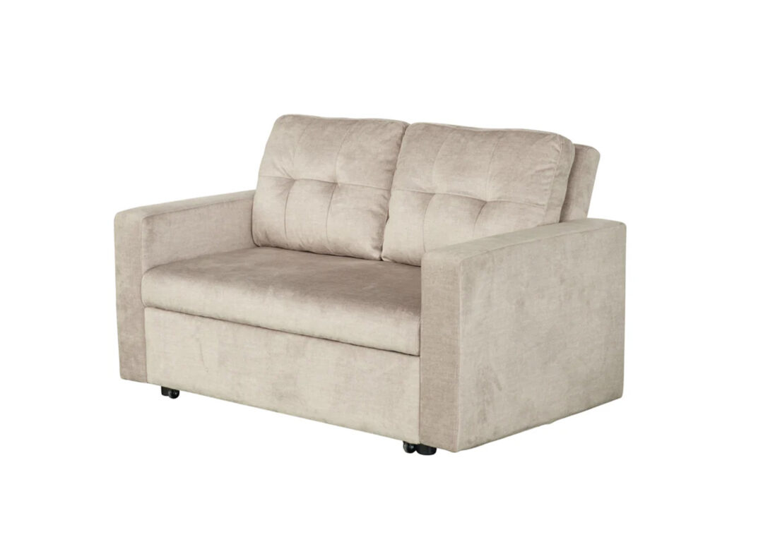 Canapé convertible NOÉMIE 2 places en velours champagne beige sur fond blanc